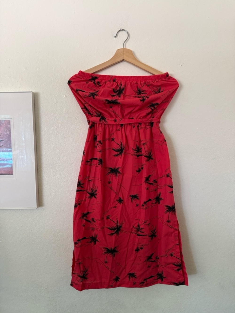 Hilow Hattie Strapless Red Palm-Print Midi Dress Sz M